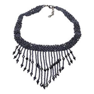 Waterfall Fringe Choker Necklace 12" Graphite Glass Beads Dangle Witch Goth